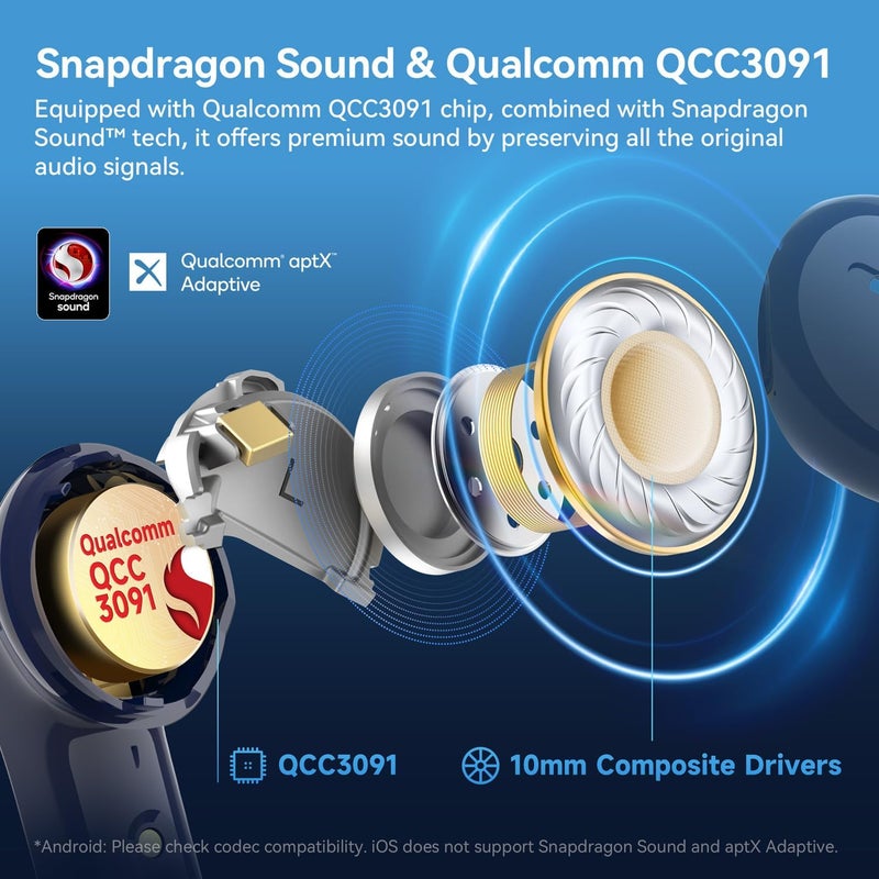 EarFun سماعات أذن لاسلكية Air Pro 4 مع تقنية إلغاء الضوضاء الهجينة التكيفية، صوت Qualcomm Snapdragon، aptX Lossless، 6 ميكروفونات AI CVC 8.0 للمكالمات، صوت عالي الدقة LDAC، 52 ساعة من وقت التشغيل، بلوتوث 5.4 (أزرق ملكي) - Image 3